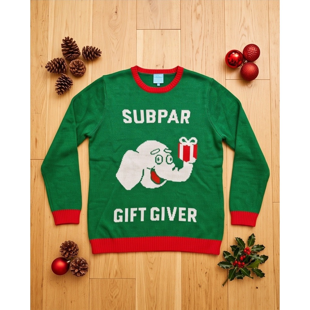 Norther Pole M Subpar Gift Giver Elephant Ugly Christmas Sweater Green Medium